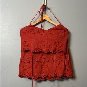Lulus Kamilla Rust Red Eyelet Embroidered Mini Wrap Skirt and Top set size L